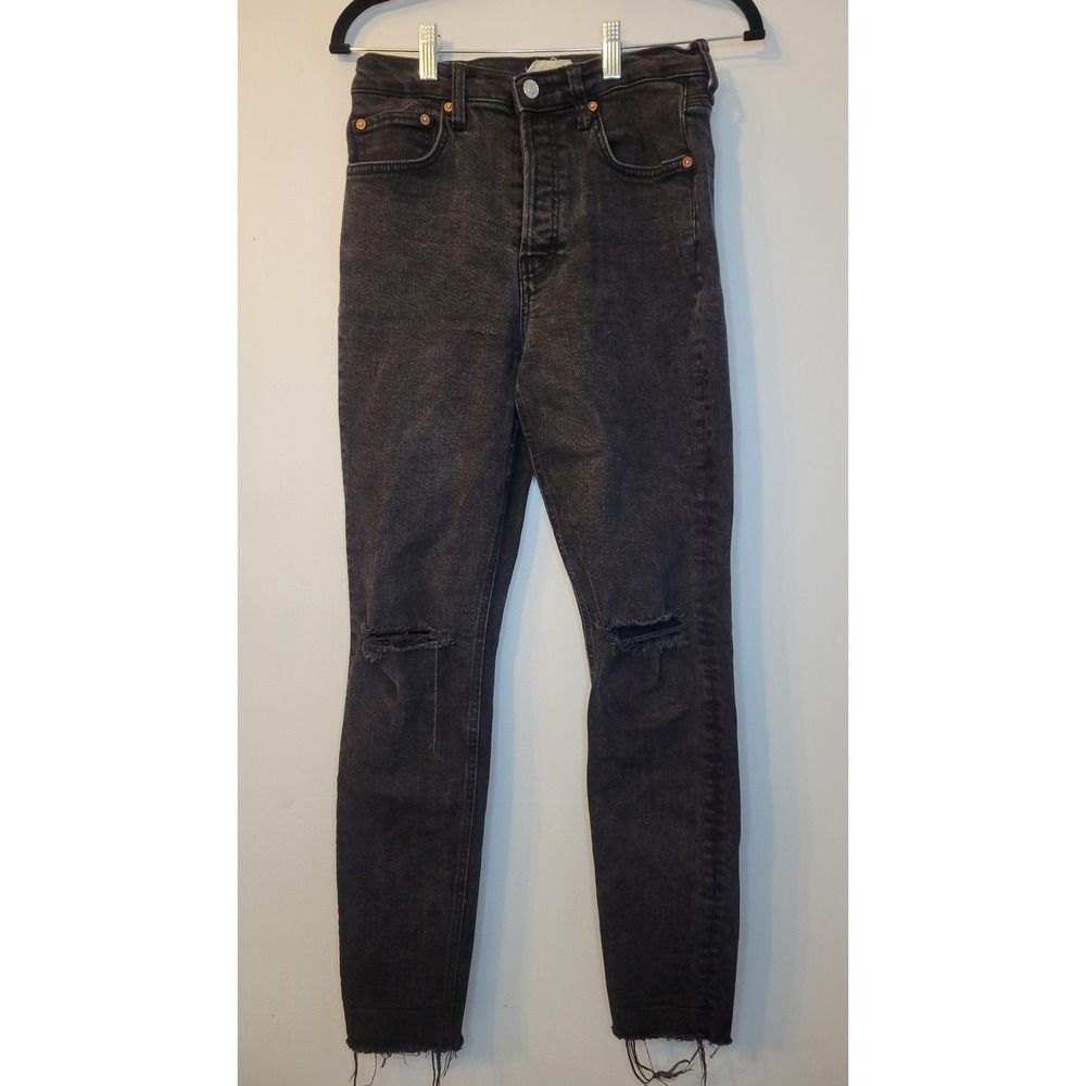 Free People We The Free Stella High Rise Skinny Jeans Black Distressed 28